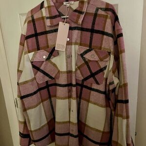 Plaid snap front Shacket in Pink and White